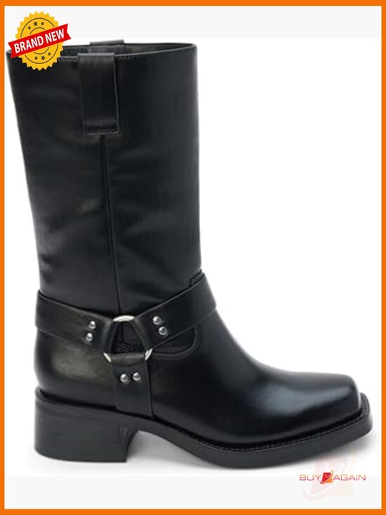 Shoes - Pull On Motorcycle Boots Mid Calf Low Heel 1-2 Inch